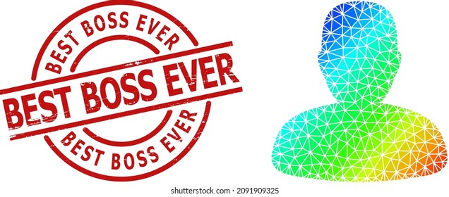 Best Boss Ever rubber stamp seal, and low-poly rainbow colored person profile icon with gradient. Red seal has Best Boss Ever caption inside circle and lines form.
