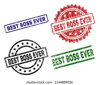 BEST BOSS EVER seal prints with corroded texture. Black, green,red,blue vector rubber prints of BEST BOSS EVER tag with corroded style. Rubber seals with round, rectangle, medal shapes.