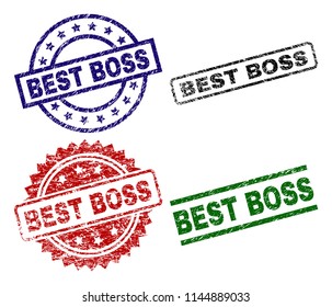 BEST BOSS seal prints with damaged style. Black, green,red,blue vector rubber prints of BEST BOSS title with dust style. Rubber seals with circle, rectangle, rosette shapes.