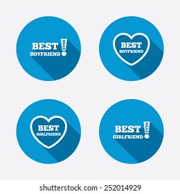 Best boyfriend and girlfriend icons. Heart love signs. Awards with exclamation symbol. Circle concept web buttons. Vector