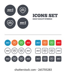 Best boyfriend and girlfriend icons. Heart love signs. Awards with exclamation symbol. Web buttons set. Circles and squares templates. Vector