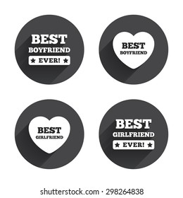 Best boyfriend and girlfriend icons. Heart love signs. Award symbol. Circles buttons with long flat shadow. Vector