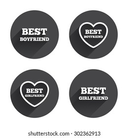 Best boyfriend and girlfriend icons. Heart love signs. Award symbol. Circles buttons with long flat shadow. Vector