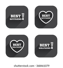 Best boyfriend and girlfriend icons. Heart love signs. Awards with exclamation symbol. Square flat buttons with long shadow.