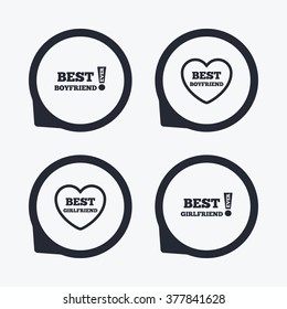 Best boyfriend and girlfriend icons. Heart love signs. Awards with exclamation symbol. Flat icon pointers.