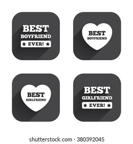 Best boyfriend and girlfriend icons. Heart love signs. Award symbol. Square flat buttons with long shadow.