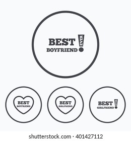 Best boyfriend and girlfriend icons. Heart love signs. Awards with exclamation symbol. Icons in circles.
