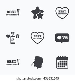 Best boyfriend and girlfriend icons. Heart love signs. Awards with exclamation symbol. Flat talking head, calendar icons. Stars, like counter icons. Vector