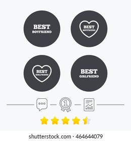 Best boyfriend and girlfriend icons. Heart love signs. Award symbol. Chat, award medal and report linear icons. Star vote ranking. Vector