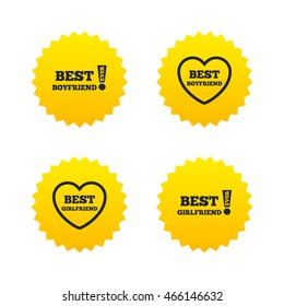 Best boyfriend and girlfriend icons. Heart love signs. Awards with exclamation symbol. Yellow stars labels with flat icons. Vector