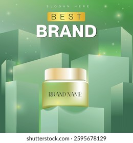 Best Brand Realistic dark Green 3D geometric podium set. Minimal scene for products showcase, Promotion display. Vector platform design.