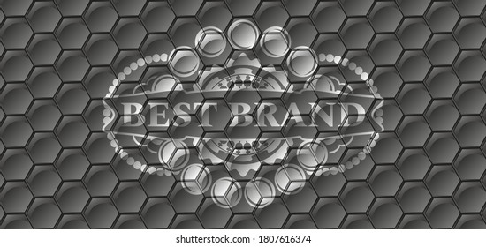 Best brand text inside grey shiny hexagon geometric style pattern realistic badge. Trendy chic background. Artistic illustration. 