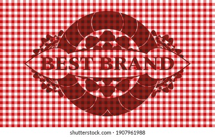 Mejor texto de marca dentro de la insignia de manteles de cuadros rojos. El restaurante es un excelente marco. Ilustración intensa. 