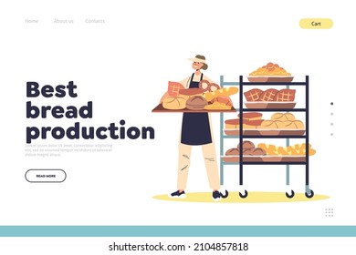 Best bread production concept of landing page with bakery shop seller holding tray of fresh bread. Female baker loading dough products to store. Cartoon flat vector illustration