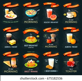 Best Breakfast - Chalkboard Restaurant Menu Sign. Chalk Styled Poster, Isolated Template Object: Juice, Coffee, Waffles, Cookies, Pancakes, Croissant, Toast, Sandwich. Vector Flat Illustration