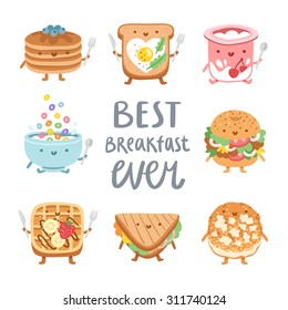 Best breakfast ever, collection of 8 vector food characters