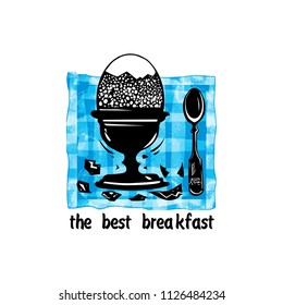 
   The best breakfast.Image of a boiled egg and a small spoon on a checkered napkin. Hand-drawn vector illustration of breakfast.
