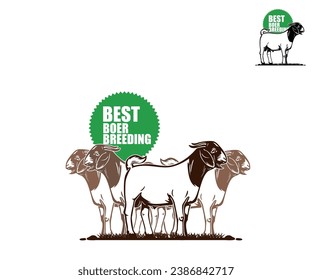 BEST BREEDING BOER GOAT FARM LOGO, silhouette of great healthy ram standing in farm vector illustrations.