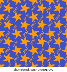 Best and brightest abstract stars seamless pattern. With the inscription sea. Orange on a blue background.