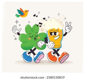 Best buddies clover and glass of beer cartoon characters walking and singing. Vector illustration