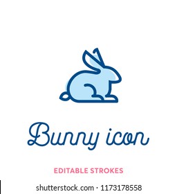 Best bunny outline icon. Minimal animal icon set, lucky rabbit. Easter holiday bunny symbol with editable stokes for infographics or web use. Flat design silhouette. Rabbit, ears and tail blue lines