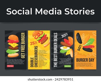 Best burger day sale discount fast food special offer social media stories design template set vector illustration. Restaurant menu price off cost reduction cheeseburger hamburger internet marketing