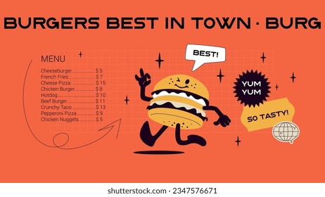 Best burger. Modern retro banner template. Cartoon hamburger mascot character. Vector fast food contemporary illustration.