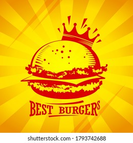 Best burgers, big royal hamburger symbol with rays backdrop