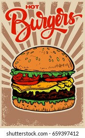 Best burgers. Hamburger illustration on grunge background. Design element for poster, restaurant menu. Vector illustration