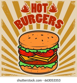 Best burgers. Hamburger illustration on grunge background. Design element for poster, restaurant menu. Vector illustration