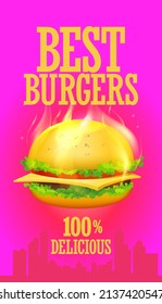 Best Burgers Menu Cover Or Banner Design Vector Mockup With Hot Fiery Burger Symbol