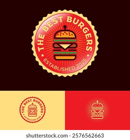 The Best Burgers restaurant emblem. Big burger icon and letters on a wavy round badge.