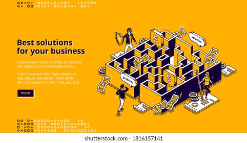 Best business solutions isometric landing page, businessman looking for way to solve problem through maze, employee passing labyrinth, challenge overcoming, aim achieving 3d vector line art web banner