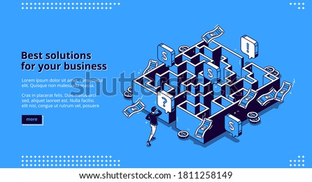 Best business solutions isometric landing page, businessman looking for way to reach goal through maze, employee try to pass labyrinth, challenge overcoming aim achieving 3d vector line art web banner