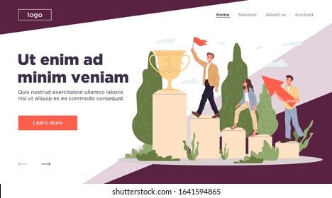 Best business team walking upstairs on podium. Winners, award, flag, prize cup flat vector illustration. Champion, competition, victory concept for banner, website design or landing web page