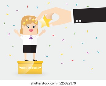 best business woman stand on pedestal getting five stars rating for working hard