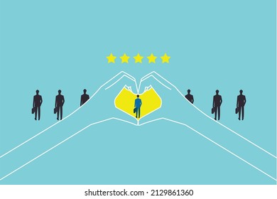 best businessman getting five stars rating for working hard. employee successful in opportunity for advancement. positive feedback. achievement, climbing the ladder, best employee, beating rivals.