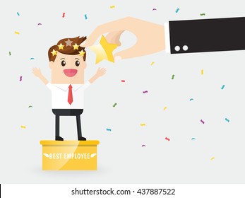 best businessman stand on pedestal getting five stars rating for working hard. employee successful in opportunity for advancement. positive feedback