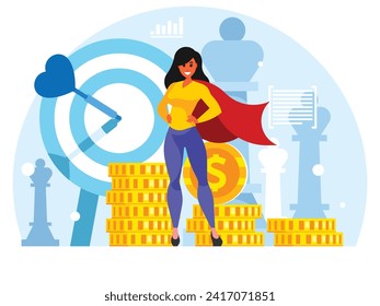 Mejor mujer de negocios. Valiente mujer de negocios con traje de superhéroe. Antecedentes de los objetivos de inversión. Concepto de negocio exitoso. Gráficos vectoriales