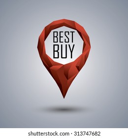 Best buy low poly icon. Polygonal location pin with promotional text. Sale advertising banner template. Eps10 vector illustration.
