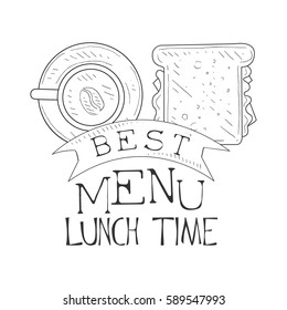 Best Cafe Lunch Menu Promo Sign In Sketch Style With Sandwich And Coffee, Design Label Black And White Template