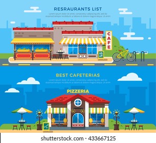 Best cafeterias and restaurants list banners with nice colorful cafe and pizzeria buildings on city background flat vector illustration