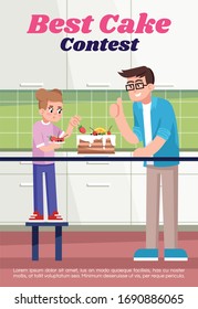 Best cake contest poster template. Commercial flyer design with semi flat illustration. Vector cartoon promo card. Family culinary, cooking pastry together, bakery decorating advertising invitation