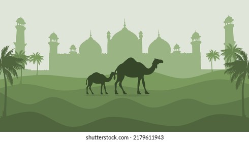 Best Camel In Desert Vector, Best Camel Silhouette Vector, And Mosque With Cool Design Style