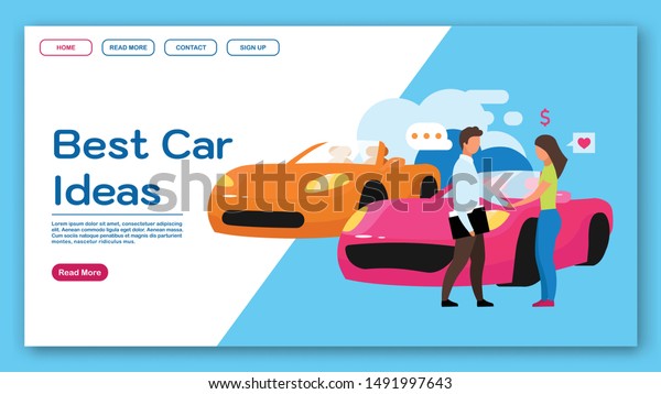 Best car ideas landing page vector template. Dealership\
website interface idea with flat illustrations. Automobile showroom\
homepage layout. Shopping web banner, webpage cartoon concept\
