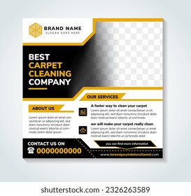 the best carpet cleaning company social media post banner template with white background. abstract geometric style. space for photo collage. yellow and black element colors. infographic icon.
