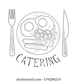Best Catering Service Hand Drawn Black And White Sign With English Breakfast Fork And Knife Design Template With Calligraphic Text