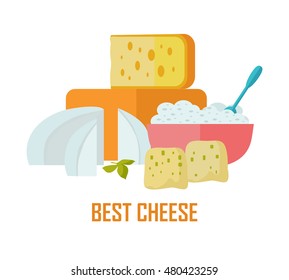 Best cheese banner. Different varieties of cheese pieces on white background. Natural farm food. Dairy product. Retail store poster. Vector illustration in flat style. Dairy website template.