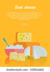 Best cheese banner. Different varieties of cheese pieces on orange background. Natural farm food. Dairy product. Retail store poster. Vector illustration in flat style. Dairy website template.