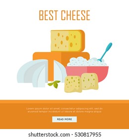 Best cheese banner. Different varieties of cheese pieces on white background. Natural farm food. Dairy product. Retail store poster. Vector illustration in flat style. Dairy website template.